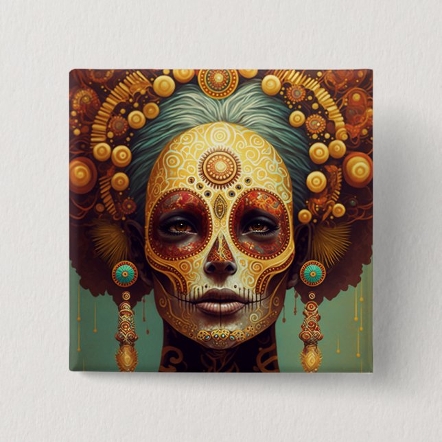 Day Of The Dead Sugar Skull Woman Button (Front)
