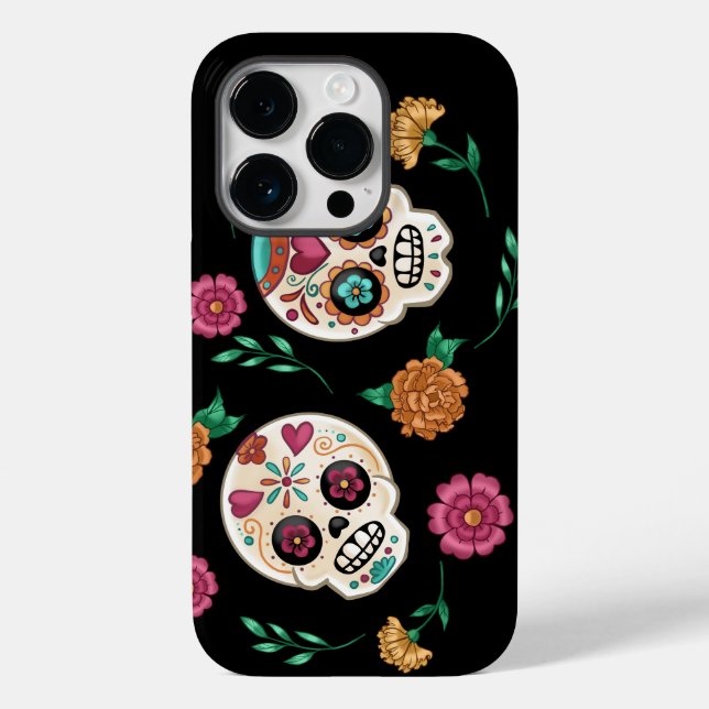 Day of the Dead Sugar Skulls and Flowers Black Case-Mate iPhone Case (Back)