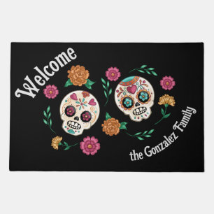 Day of the Dead Sugar Skulls and Flowers Black Doormat