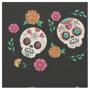 Day of the Dead Sugar Skulls and Flowers Black Fabric