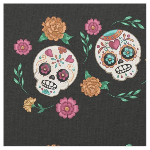 Day of the Dead Sugar Skulls and Flowers Black Fabric