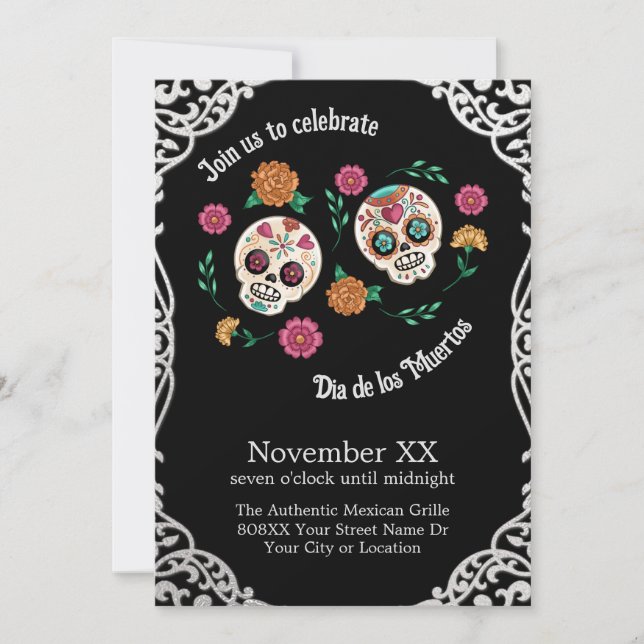 Day of the Dead Sugar Skulls and Flowers Black Invitation (Front)