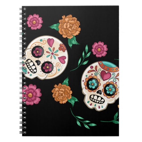 Day of the Dead Sugar Skulls and Flowers Black Notebook