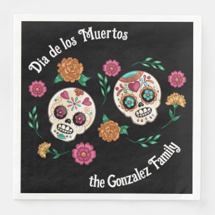 Day of the Dead Sugar Skulls and Flowers Black Paper Dinner Napkins