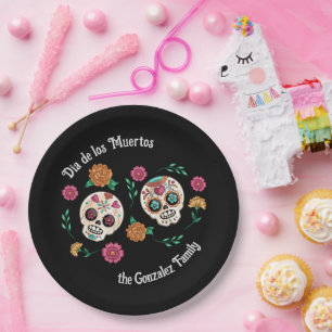 Day of the Dead Sugar Skulls and Flowers Black Paper Plates