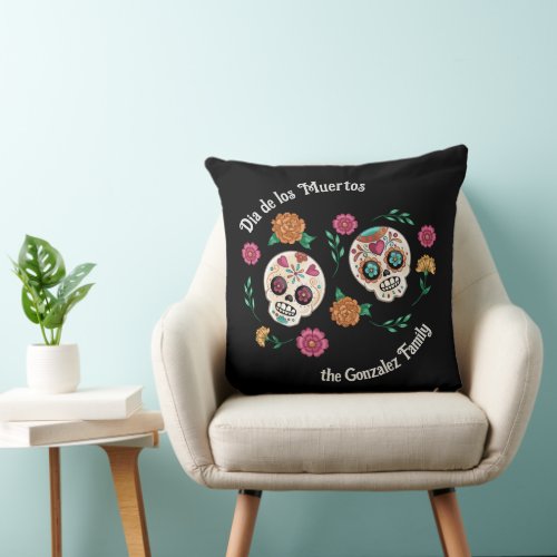 Day of the Dead Sugar Skulls and Flowers Black Throw Pillow