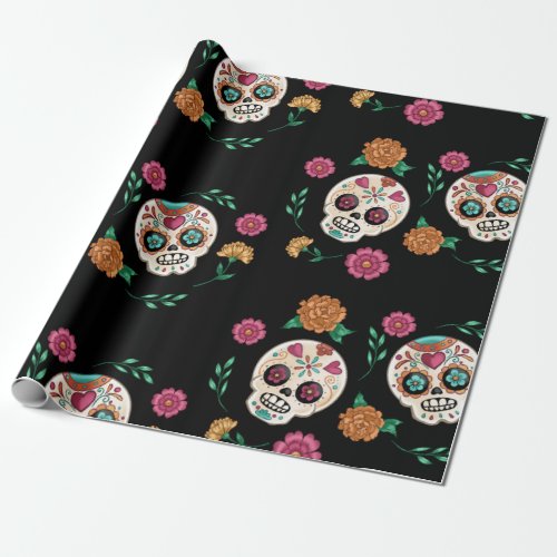 Day of the Dead Sugar Skulls and Flowers Black Wrapping Paper