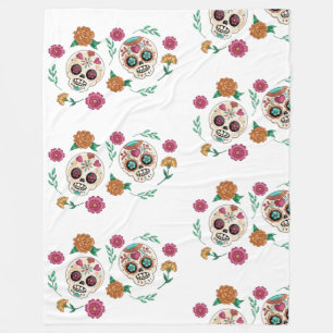 Day of the Dead Sugar Skulls and Flowers Fleece Blanket