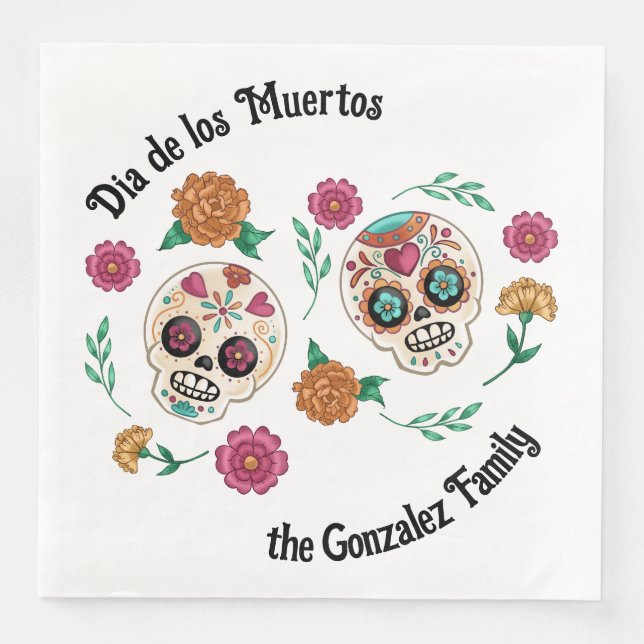Day of the Dead Sugar Skulls and Flowers Paper Dinner Napkins (Front)