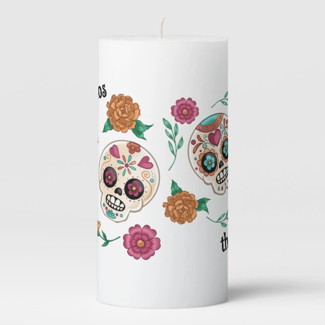 Day of the Dead Sugar Skulls and Flowers Pillar Candle (Front)