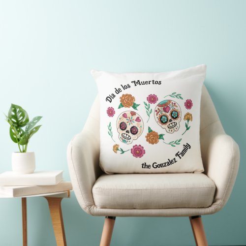 Day of the Dead Sugar Skulls and Flowers Throw Pillow