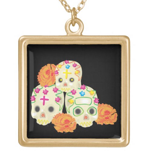 Day of the Dead Sugar Skulls and Marigolds Gold Plated Necklace