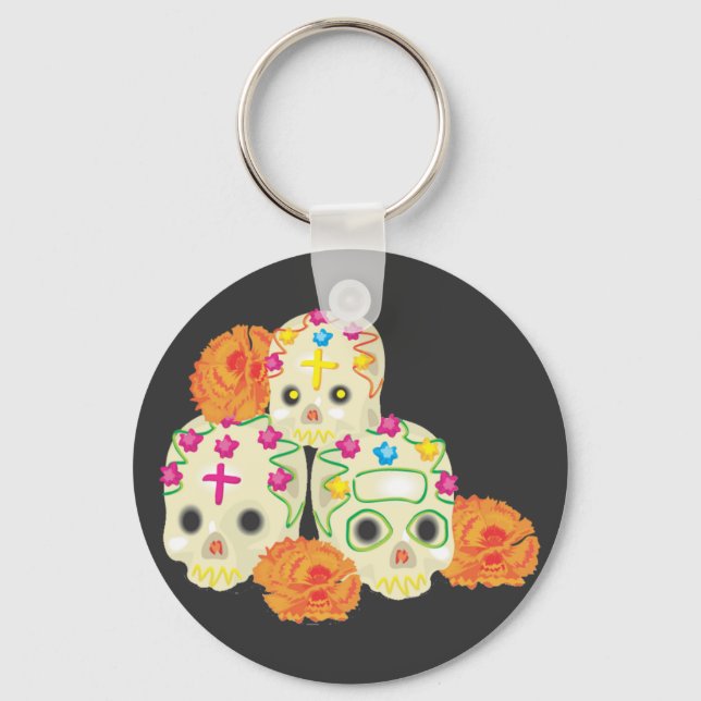 Day of the Dead Sugar Skulls and Marigolds Keychain (Front)