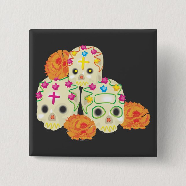 Day of the Dead Sugar Skulls and Marigolds Pinback Button (Front)