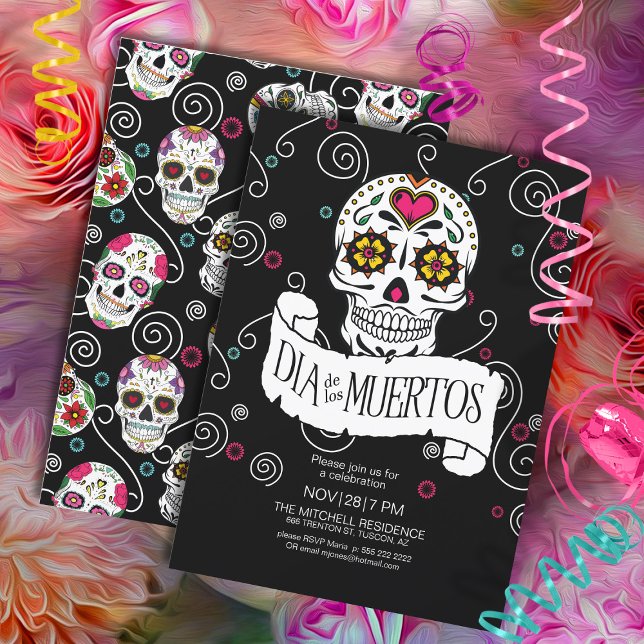 Day of the Dead Sugar Skulls Black ID725 Invitation (Front/Back In Situ)