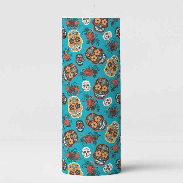 Day of the Dead Sugar Skulls, blue Pillar Candle (Front)