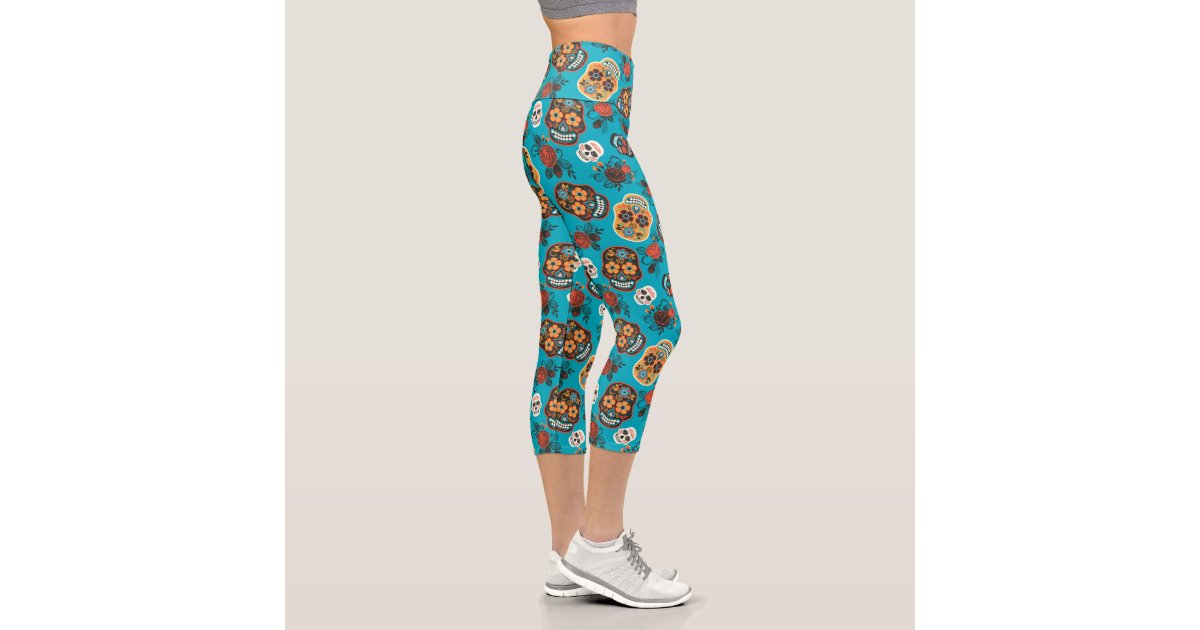 Sugar Skull Capri Leggings Womens Day of The Dead Mid Rise Waist Calf  Length Pants White at  Women's Clothing store