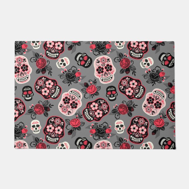 Day of the Dead Sugar Skulls, gray Doormat (Front)