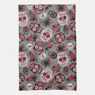 Day of the Dead Sugar Skulls, gray Kitchen Towel
