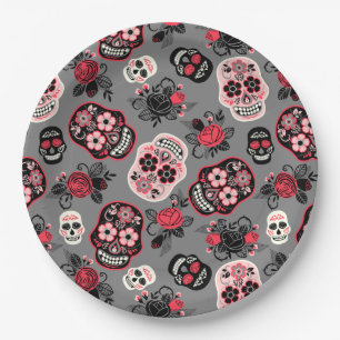 Day of the Dead Sugar Skulls, gray Paper Plates