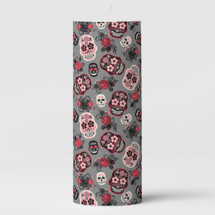 Day of the Dead Sugar Skulls, gray Pillar Candle