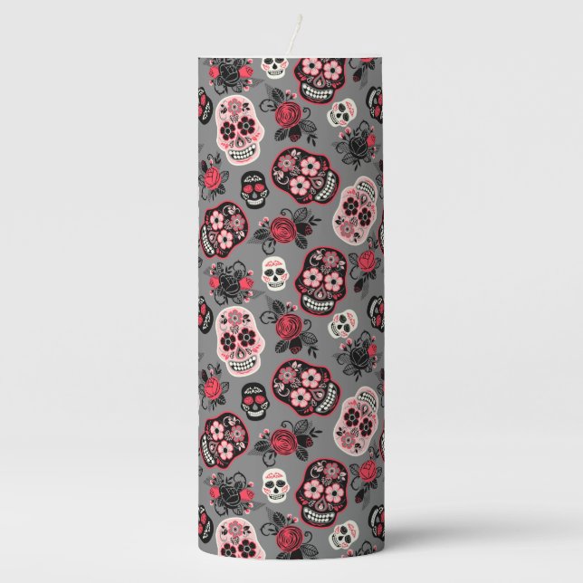 Day of the Dead Sugar Skulls, gray Pillar Candle (Front)