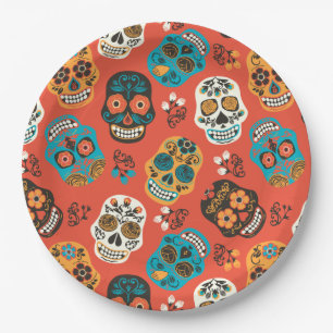 Day of the Dead Sugar Skulls, orange Paper Plates