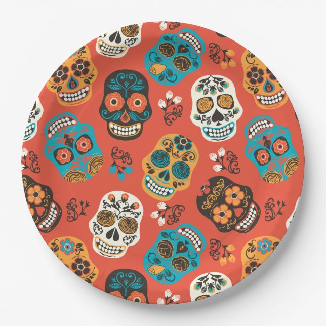 Day of the Dead Sugar Skulls, orange Paper Plates (Front)