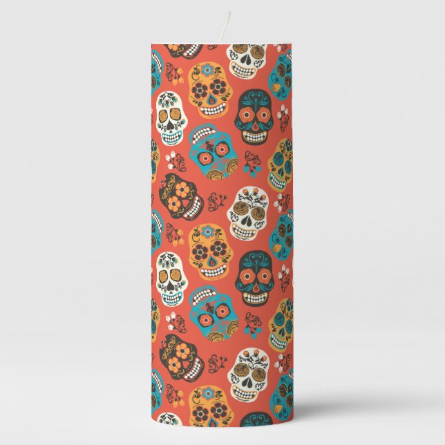 Day of the Dead Sugar Skulls, orange Pillar Candle (Front)