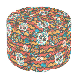 Day of the Dead Sugar Skulls, orange zigzag Pouf