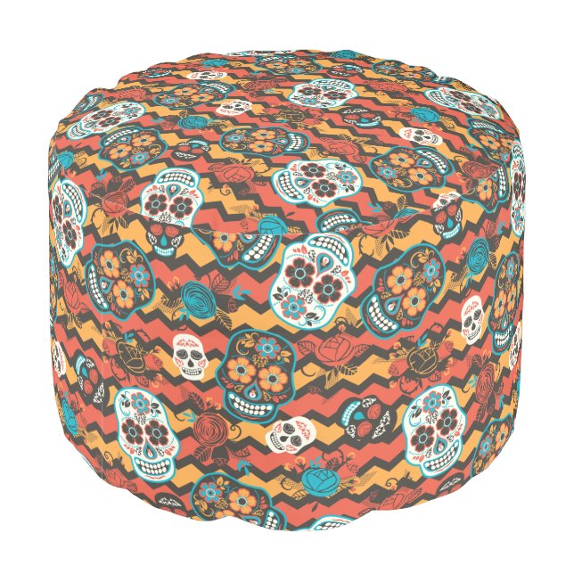 Day of the Dead Sugar Skulls, orange zigzag Pouf (Angled Back)