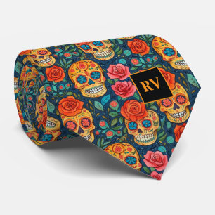 Day of the Dead Sugar Skulls with Roses on Indigo Neck Tie