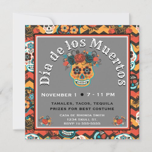 Day of the Dead Sugar Skulls zigzag orange Invitation