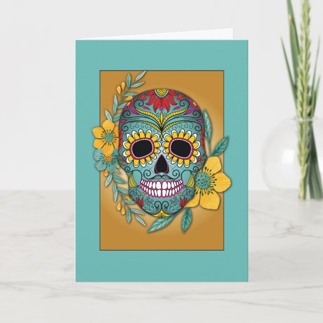 Day of the Dead Teal and Marigold Skull and Flower Card (Front)
