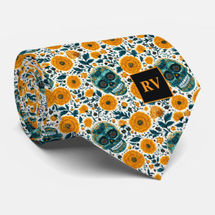 Day of the Dead Teal Skulls with Yellow Marigolds Neck Tie