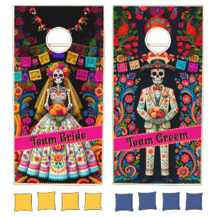 Day of the Dead Team Bride vs Team Groom Wedding Cornhole Set