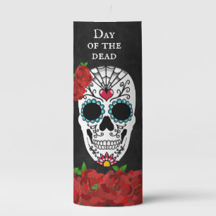 Day of the Dead Vintage Red Roses Sugar Skull Pillar Candle