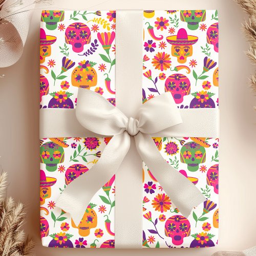 Halloween Essentials 15 Day Of The Dead White Colorful Sugar Skull Pattern Wrapping Paper