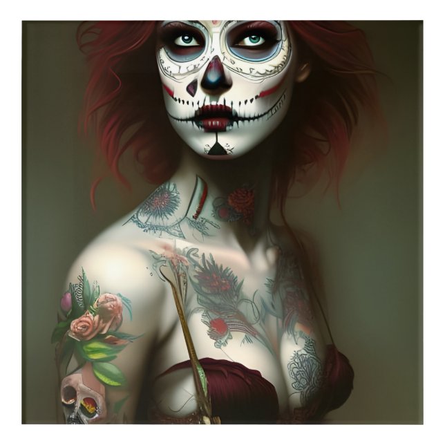 Day of the Dead Woman With Tattoos Acrylic Print (Front)