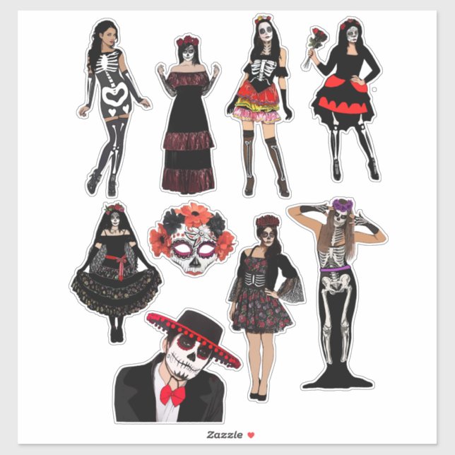 Day of The Dead women men Skeleton people art Sticker (Sheet)