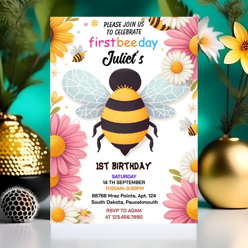 day spring daisy Yellow first 1st bee day birthday Invitation