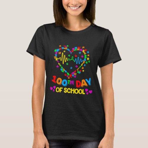 Day Teacher Autism Awareness 100 Days Heart  T_Shirt