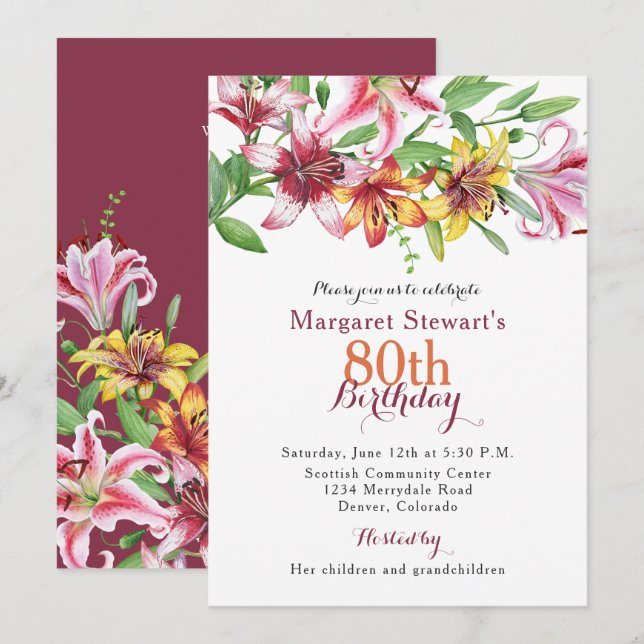 Day Tiger Lily Flower 80th Birthday Invite (Front/Back)