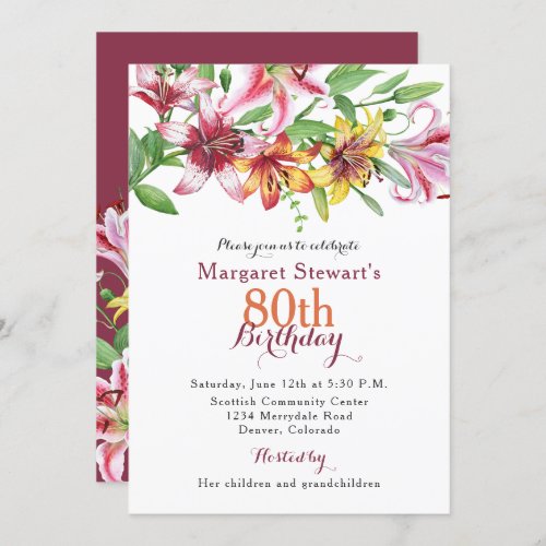 Day Tiger Lily Flower 80th Birthday Invite