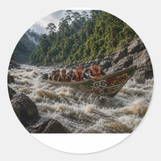 DAYAK LONGBOAT ADVENTURE ON WILD BORNEO RAPIDS CLASSIC ROUND STICKER