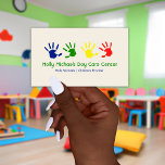 Daycare / Babysitter Handprints Business Cards<br><div class="desc">Business cards for a babysitter or daycare center featuring an illustration of red,  yellow,  blue,  and green handprints on front and back.  Personalize with your information.</div>