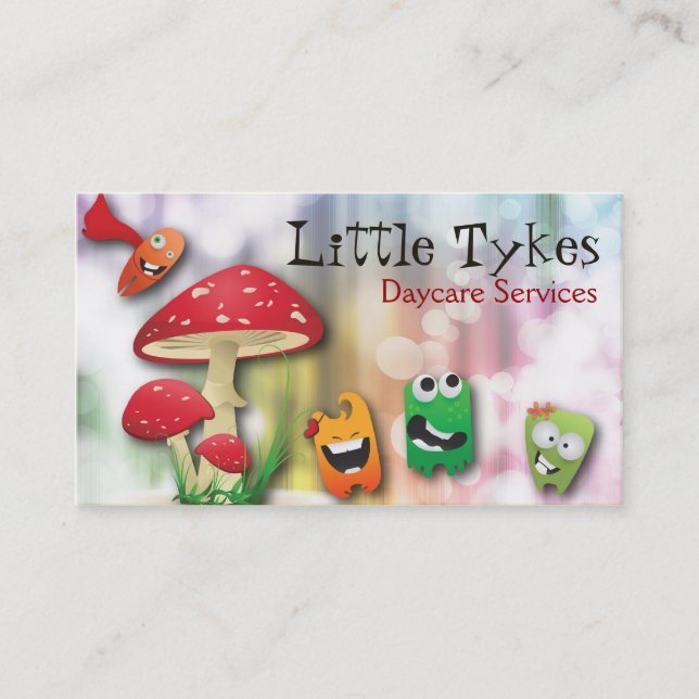 Daycare Business Card Colorful Mushroom & Monsters (Front)