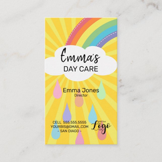 Daycare Business Card Rainbow Sunburst Design (Front)