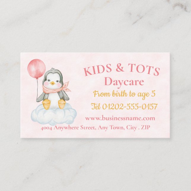 Daycare Cute Baby Penguin Pink Business Card (Front)