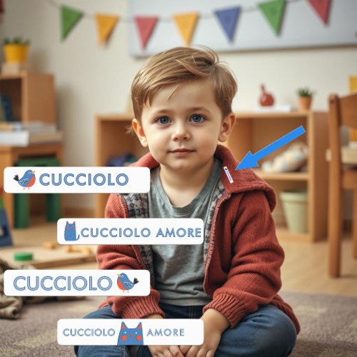DAYCARE Labels Pack Cute Blue Robin Bird Blue Cat